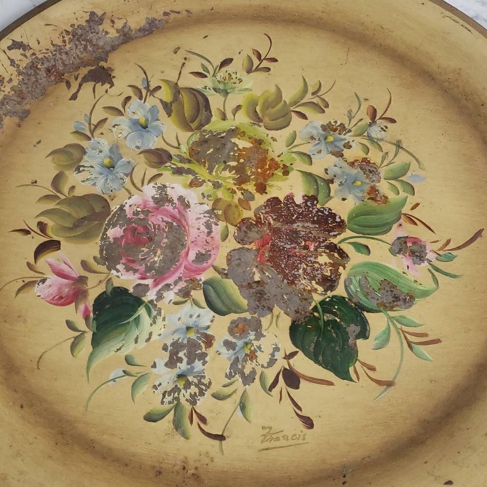 Vintage Nashco Tan and Floral Rustic Round Tray - Picture 4 of 13